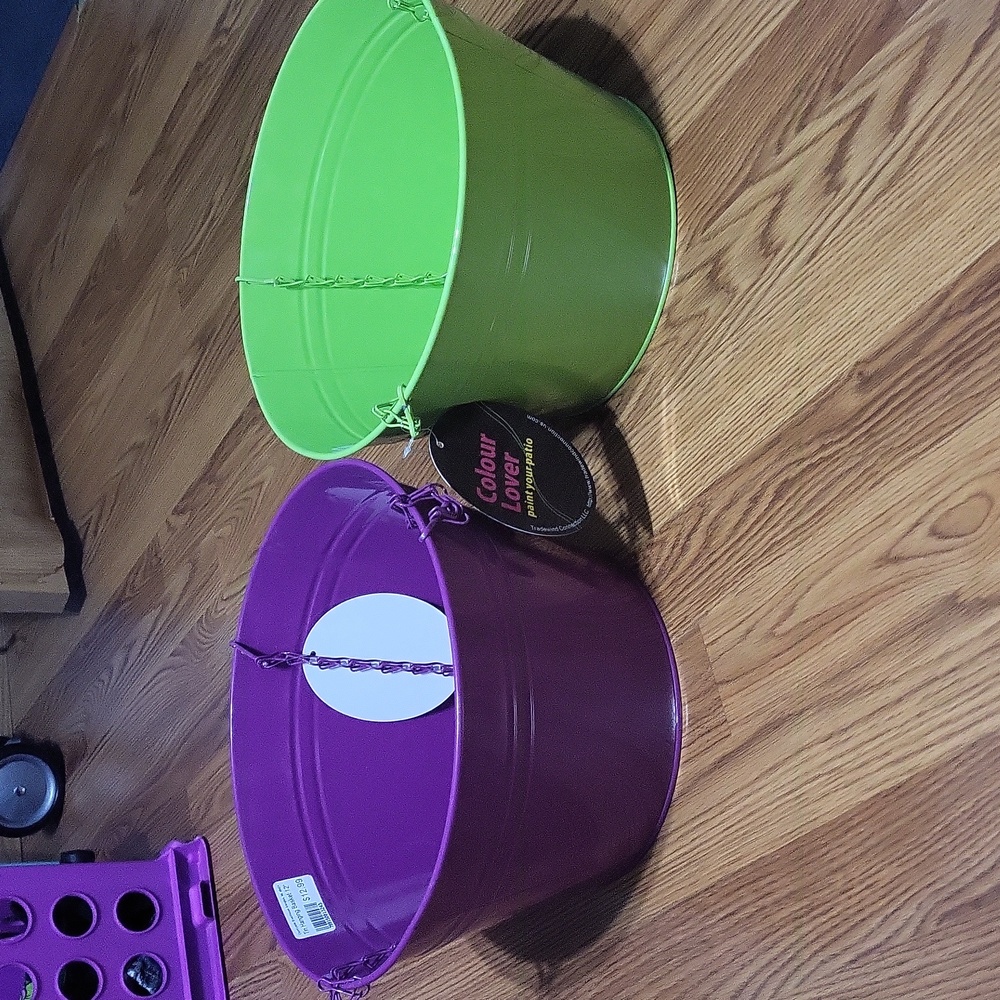 Set of 2 tin hanging planters baskets 12" neon green purple NWT flowers